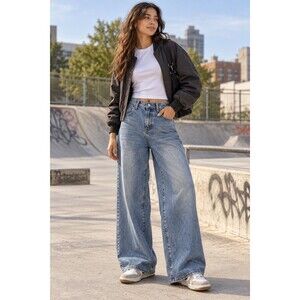EMMIOL Womens Wide Leg Jeans S High Rise Light Wash Blue Denim 5-Pocket